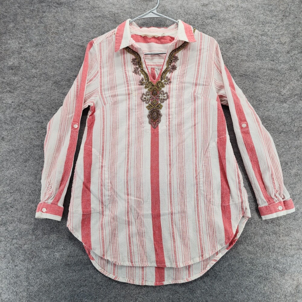 Soft Surroundings Shirt Womens Small Pink White Striped Roll Tab Sleeve